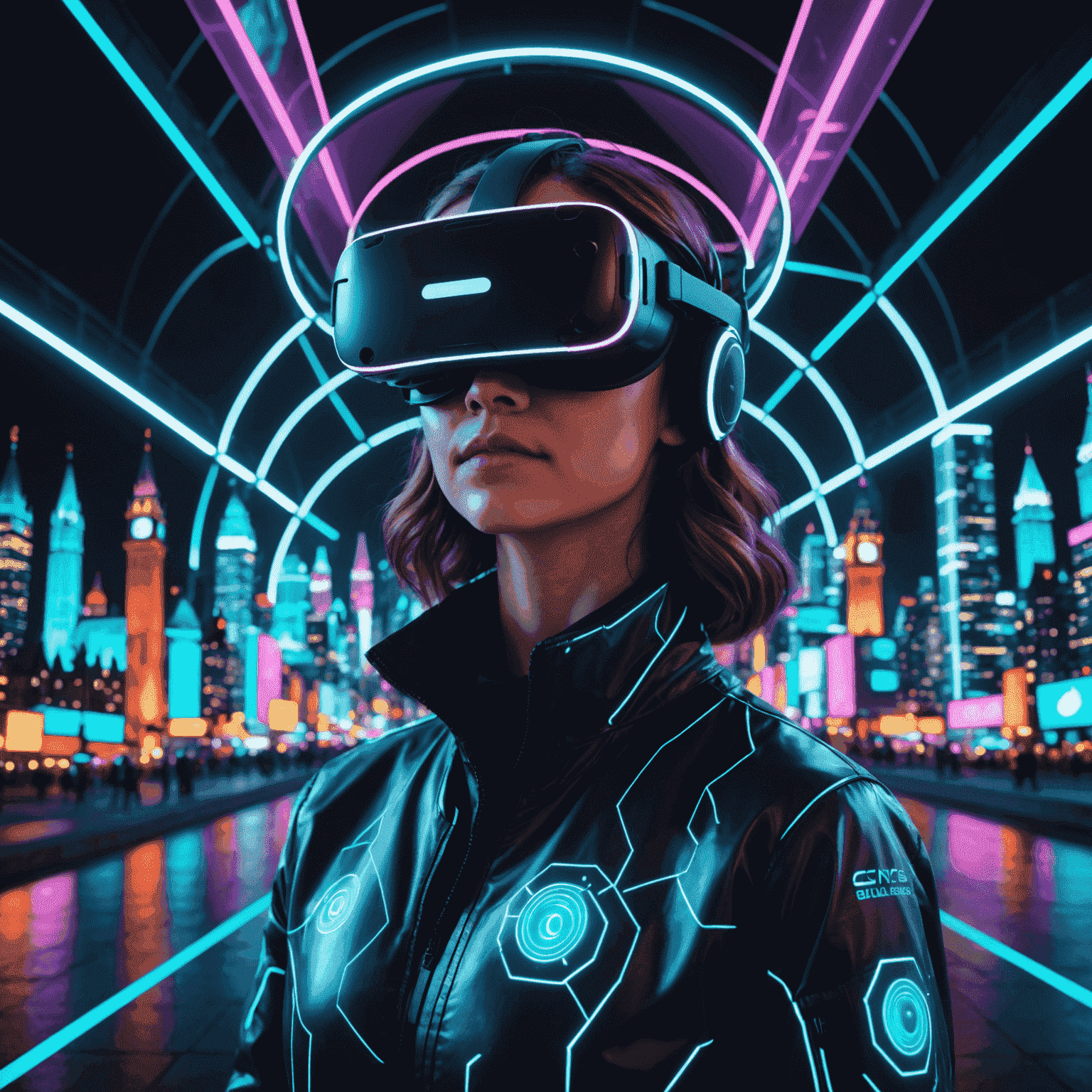 A futuristic 3D rendering of a person wearing a VR headset, surrounded by holographic projections of Canadian landmarks and tech innovations. The image showcases a blend of real and virtual worlds, with vibrant neon colors and floating UI elements.