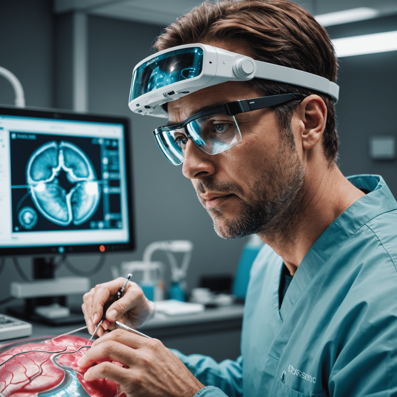 Surgeon using AR glasses during an operation, with holographic overlay of patient's anatomy visible