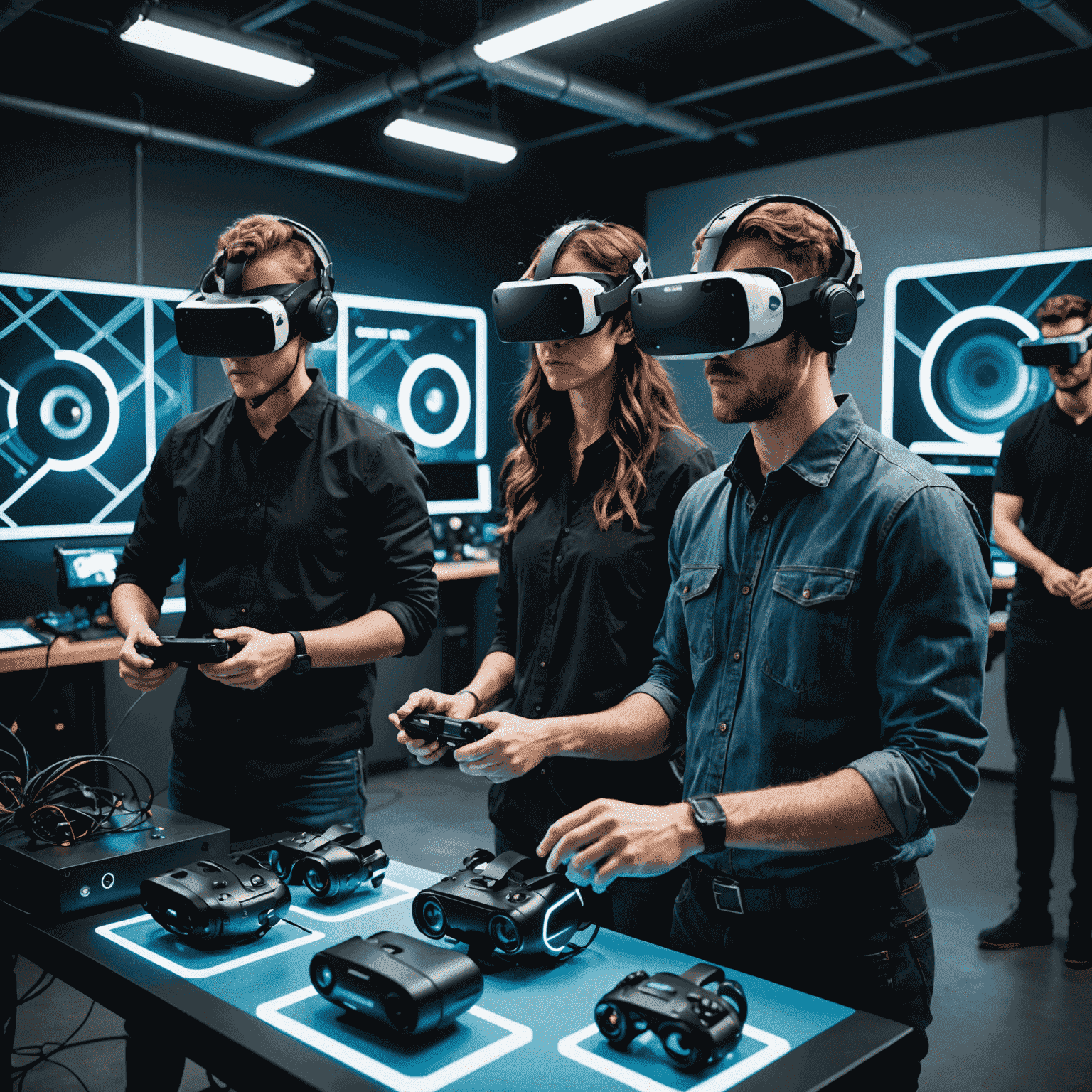A group of diverse Canadian VR developers working on futuristic VR headsets and controllers in a high-tech studio environment. The image showcases cutting-edge equipment and holographic displays.