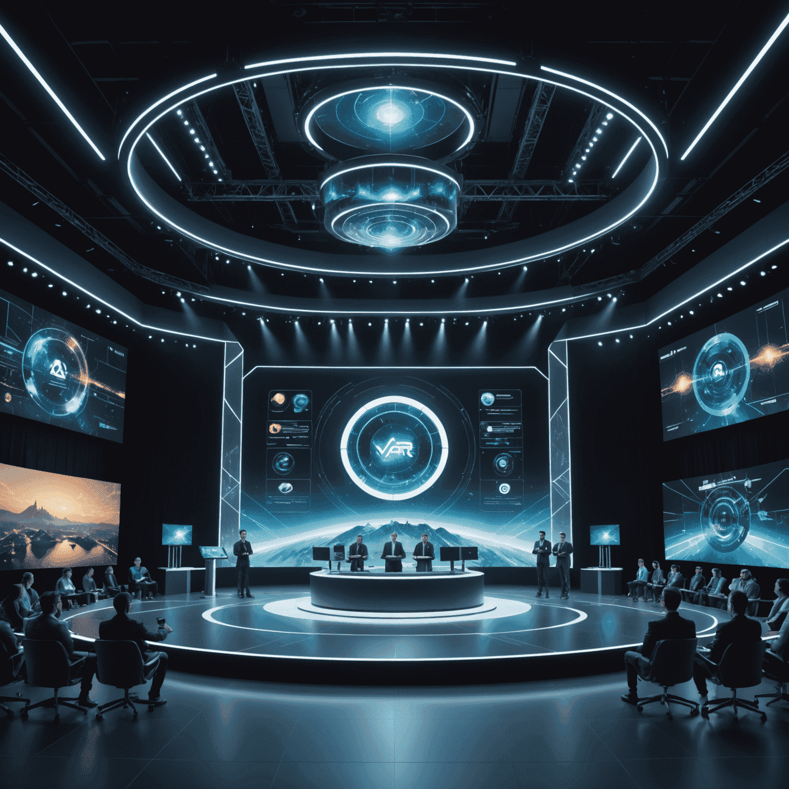 A futuristic stage with holographic displays showing various AR and VR technologies. Multiple speakers are presenting to a large, engaged audience in a high-tech conference hall.