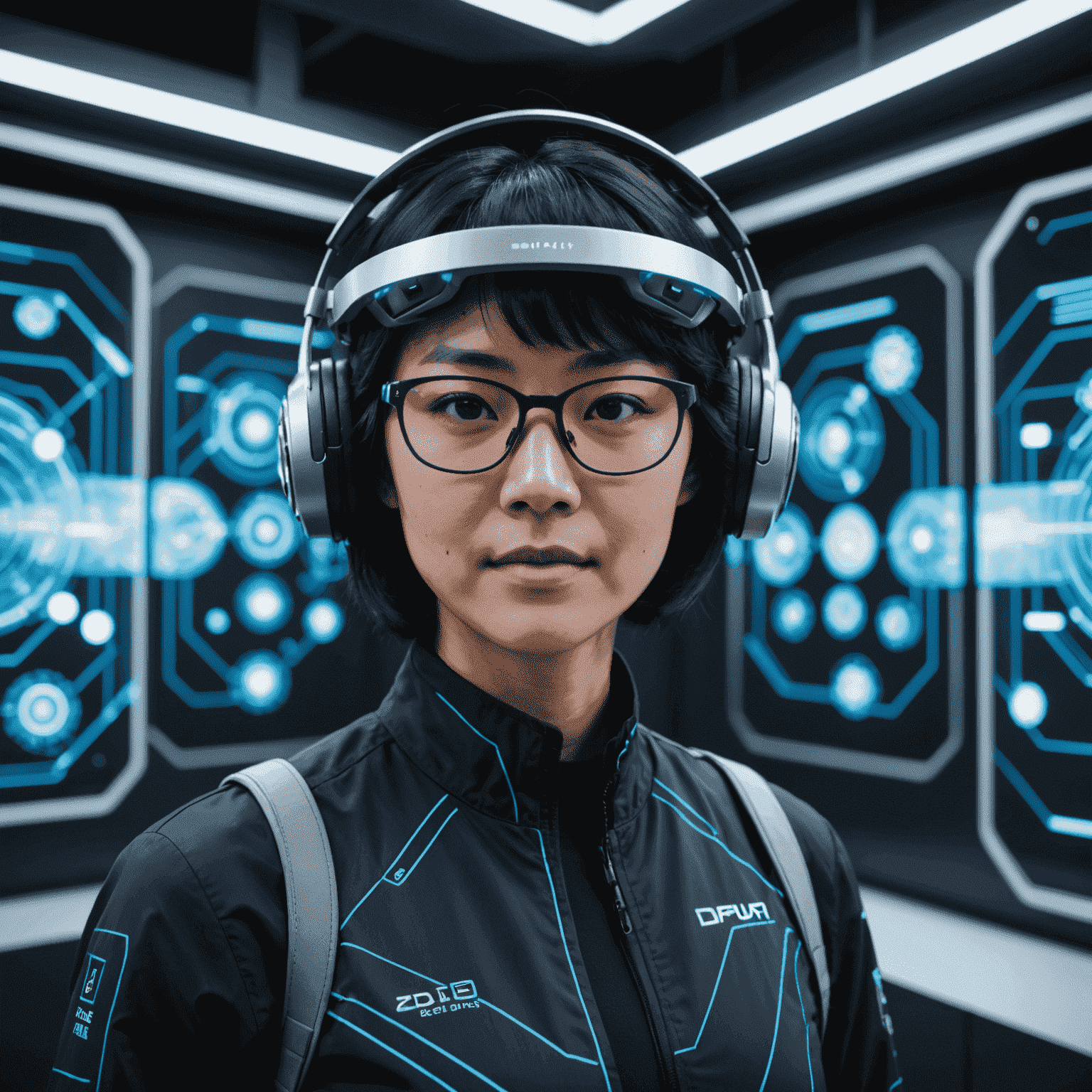 Dr. Emily Chen, a woman with short black hair and glasses, wearing a futuristic AR headset, standing in front of a holographic display of 3D models