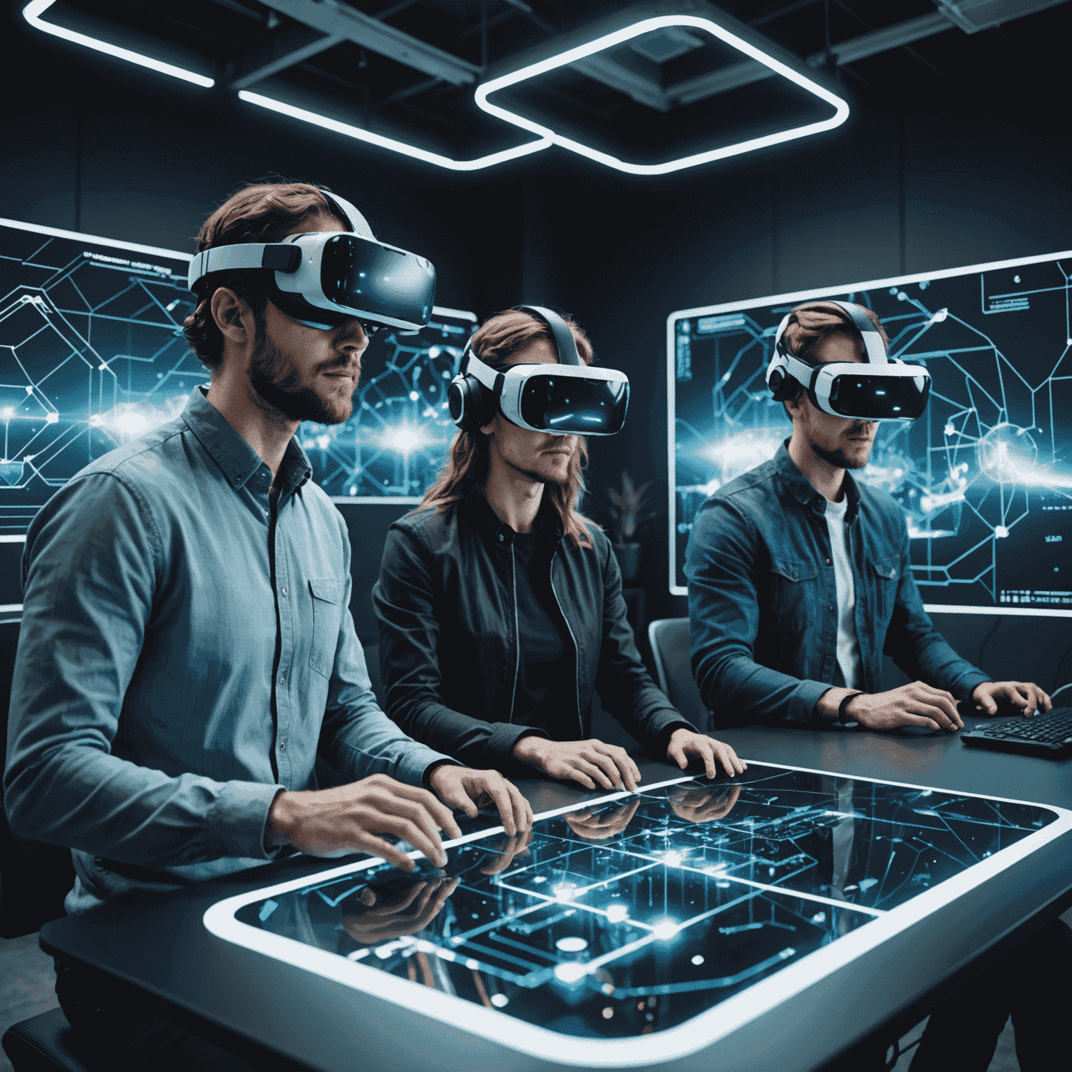 A group of developers wearing VR headsets, working on virtual 3D models floating in a futuristic workspace. Holographic displays show complex code and 3D wireframes.
