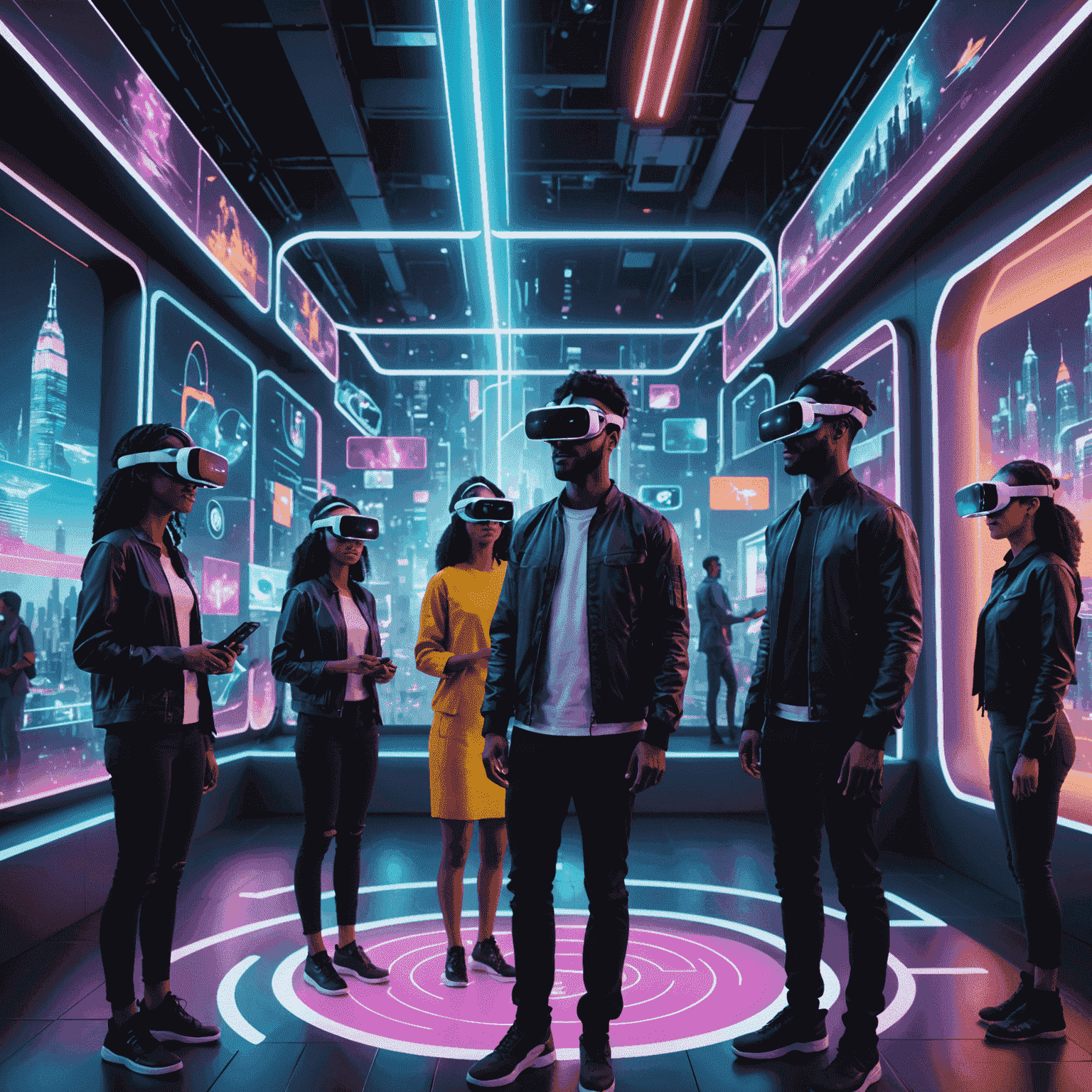 A group of diverse avatars interacting in a futuristic virtual reality cityscape, with holographic displays showing AR/VR technology concepts floating around them. The scene is vibrant with neon colors and 3D elements, showcasing the immersive nature of VR networking.