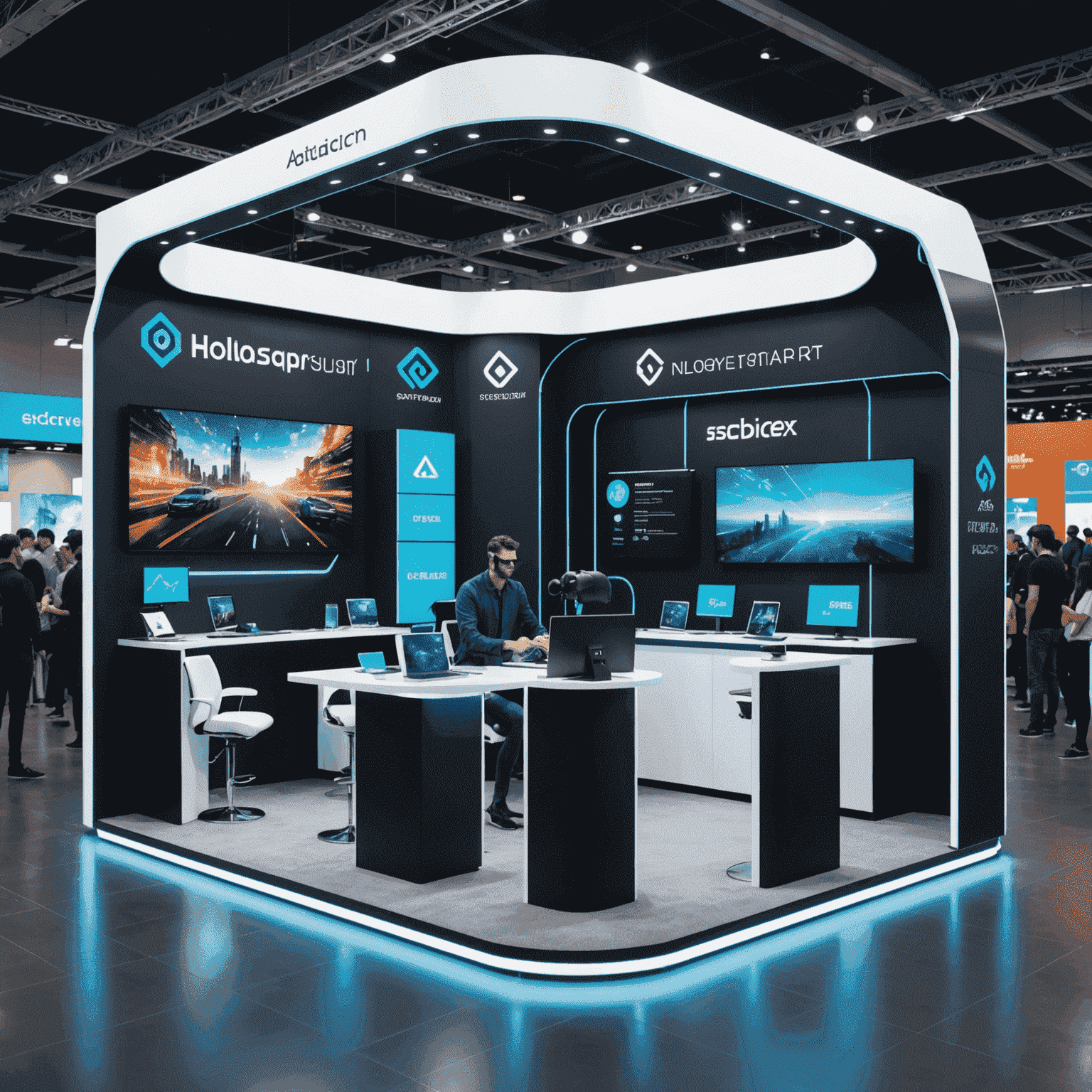 A futuristic booth setup for a major tech company specializing in AR/VR, with holographic displays showcasing their latest projects and job openings