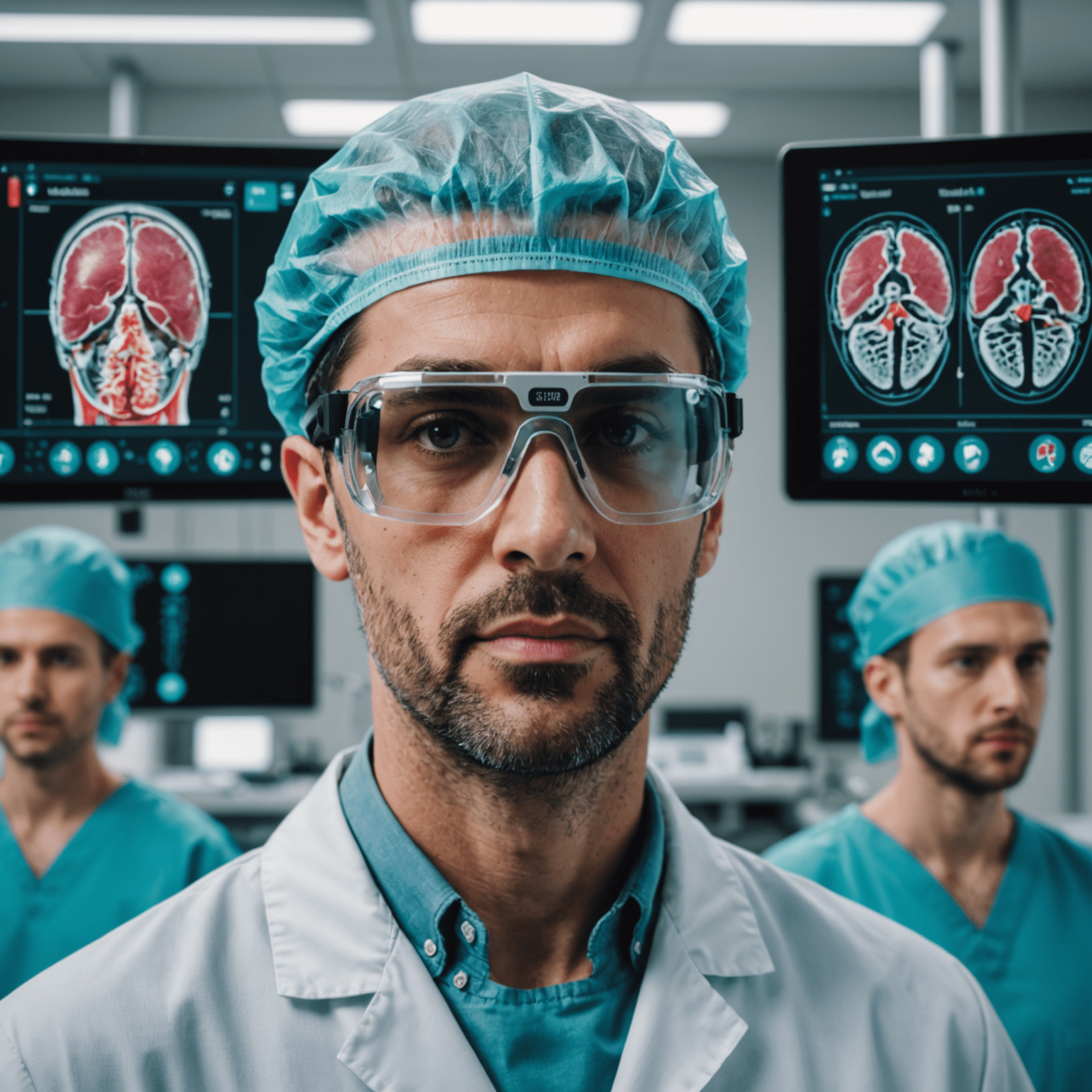 Split screen showing a surgeon's view through AR glasses with patient vitals and 3D organ models overlaid