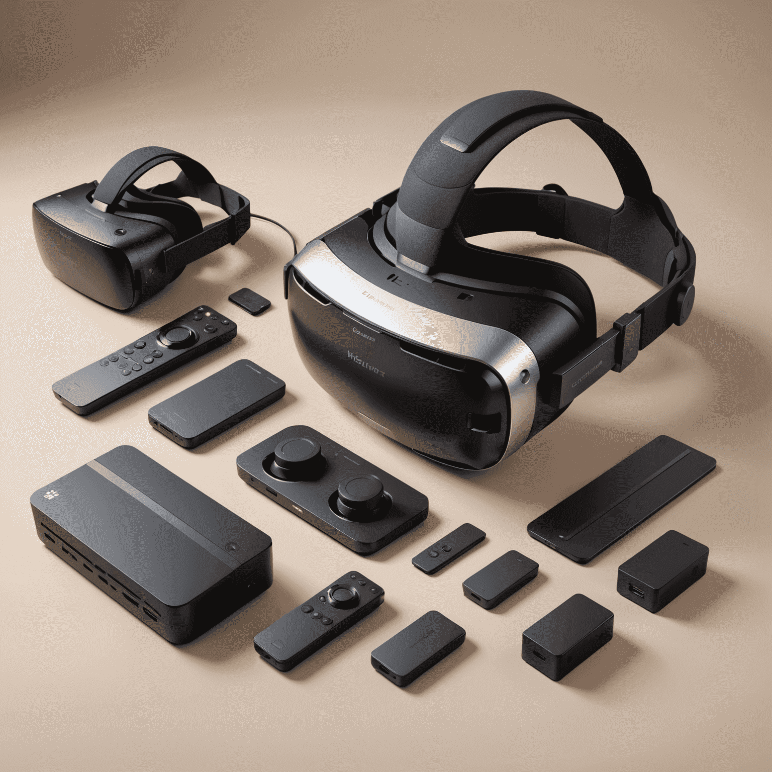 A 3D render of advanced VR hardware components, including next-gen processors, haptic feedback systems, and ultra-high resolution displays, showcasing Canadian technological innovations.