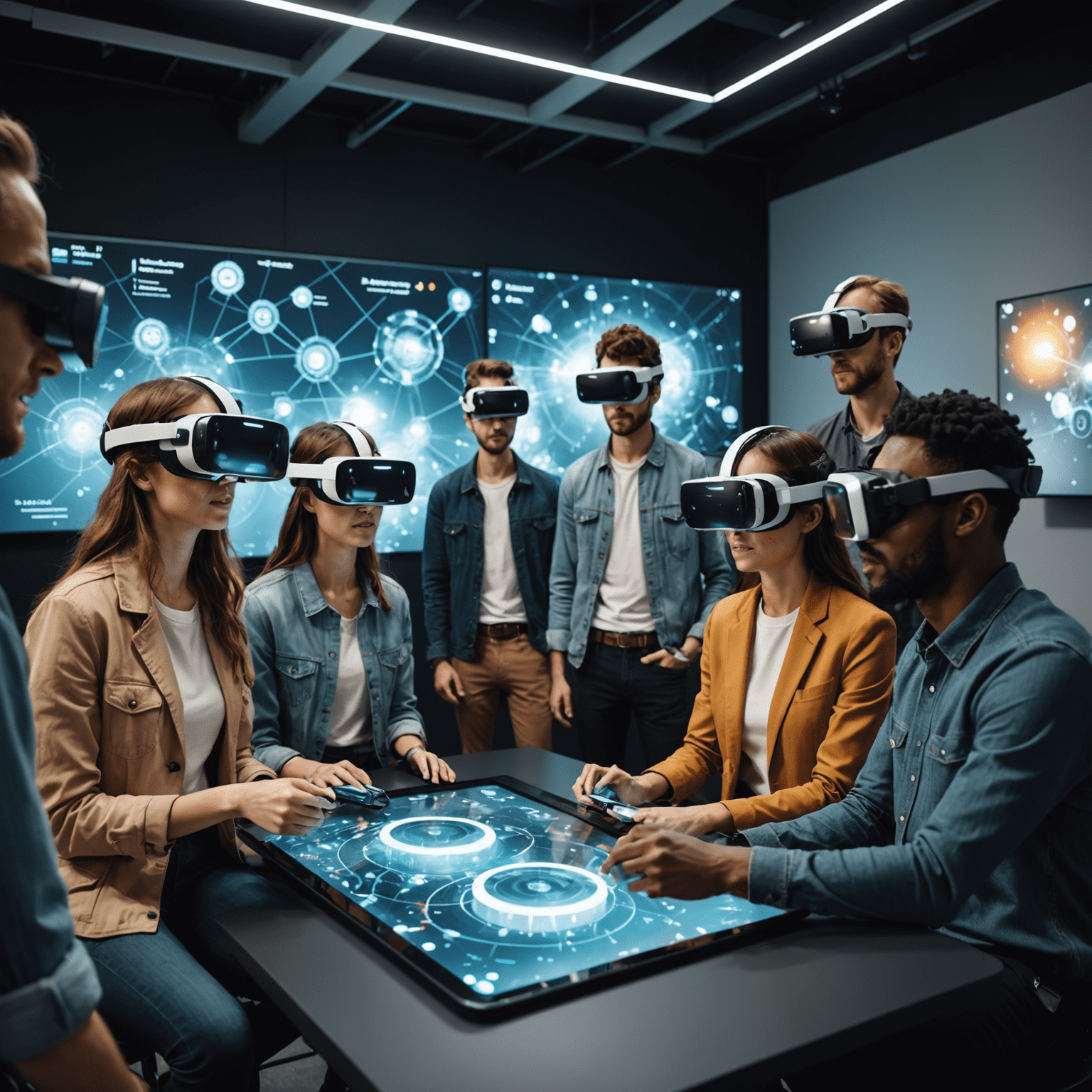 A group of diverse participants wearing VR headsets and using AR devices, engaged in interactive learning experiences with holographic displays and 3D projections.