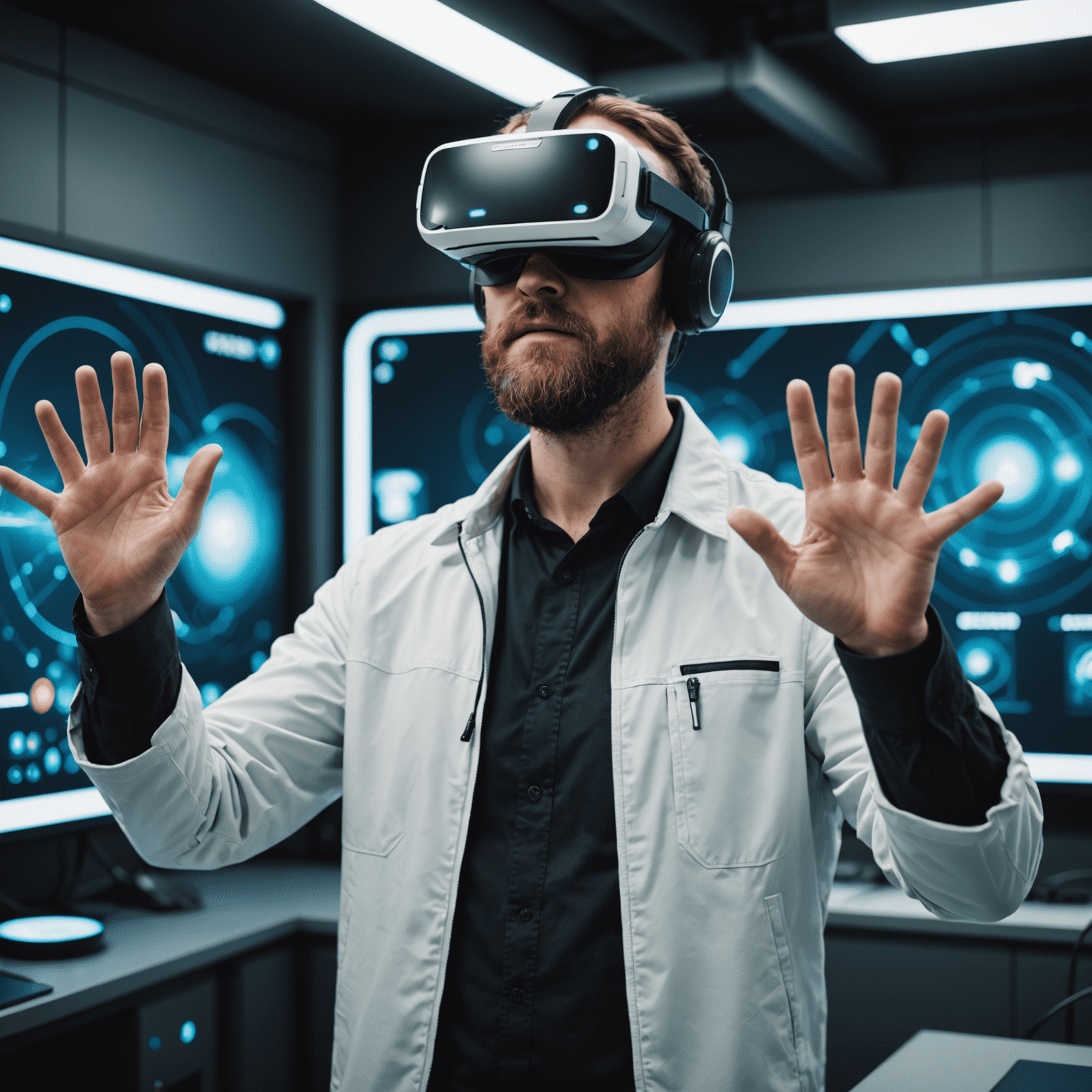 Mark Thompson, a man with a beard wearing a VR headset, gesturing as if interacting with virtual objects in a futuristic lab setting