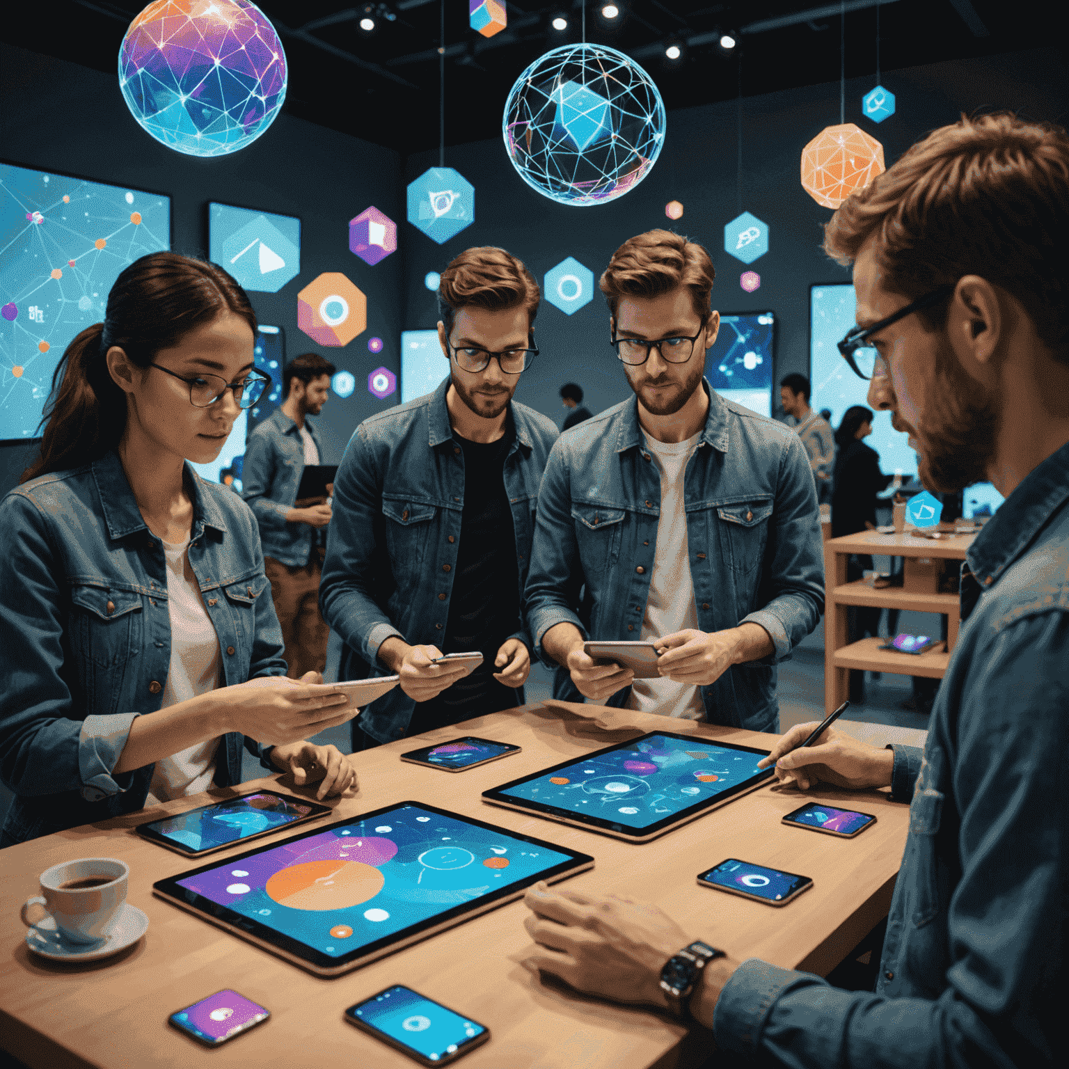 A diverse group of participants using tablets and smartphones to interact with augmented reality objects overlaid on a real-world environment. Colorful 3D holograms of data visualizations and product prototypes float above the devices.