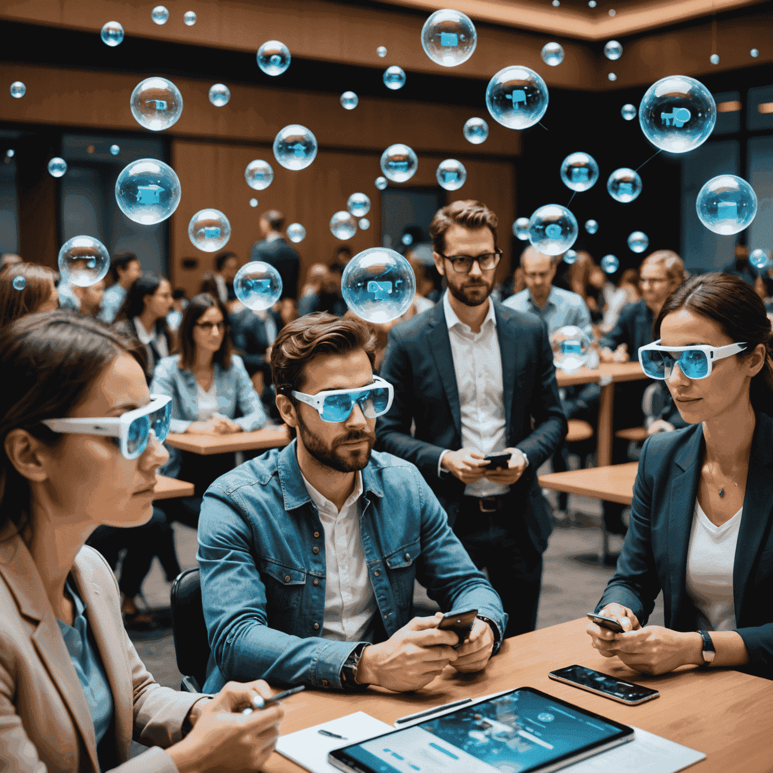 Conference attendees using AR glasses and smartphones to interact with floating digital profiles and information bubbles above other participants. The image shows a mix of real people and augmented digital elements in a modern conference setting.