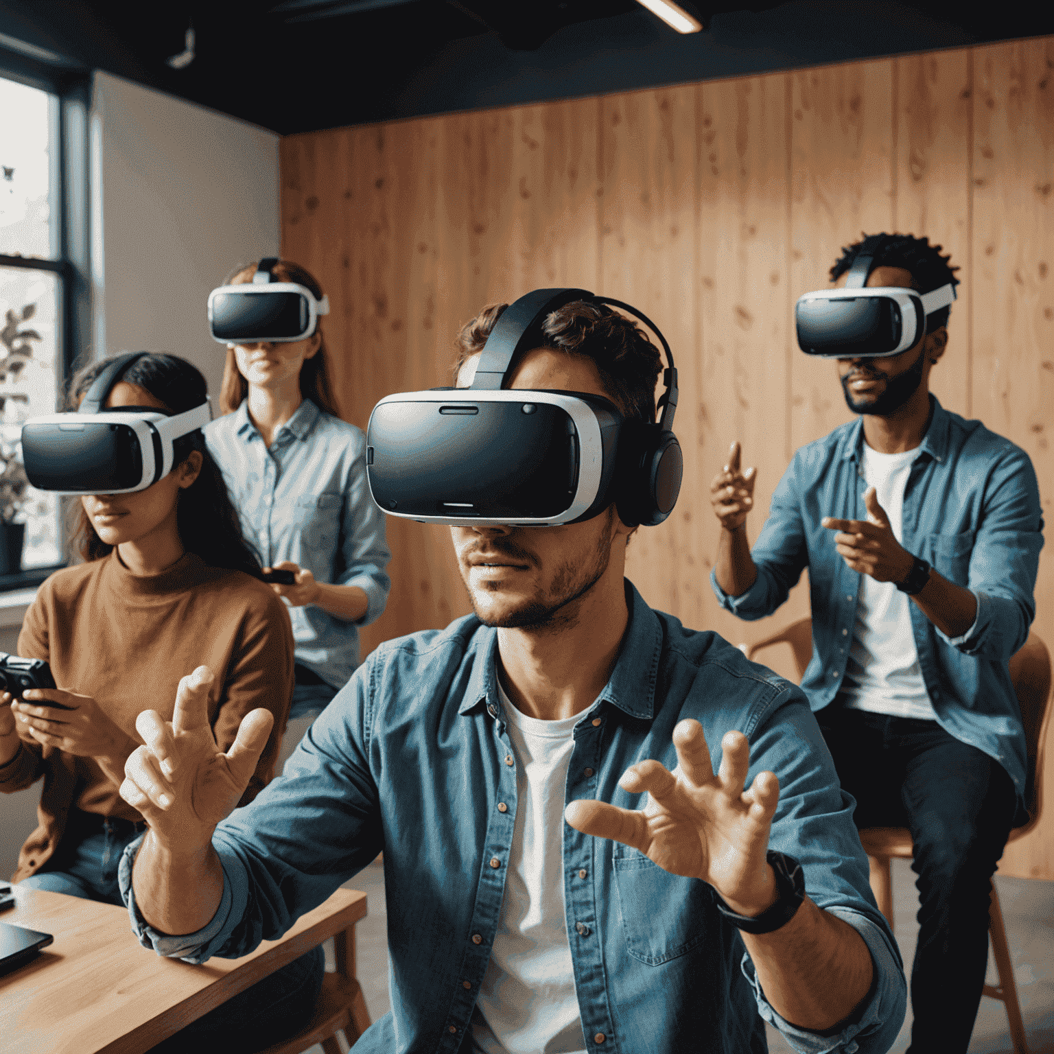 People engaged in various virtual reality experiences, wearing VR headsets and interacting with invisible objects