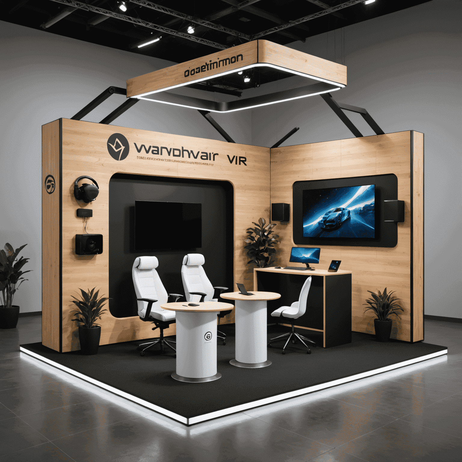 A sleek, minimalist booth for a cutting-edge VR company, featuring demo stations where attendees can try out their latest VR hardware and software