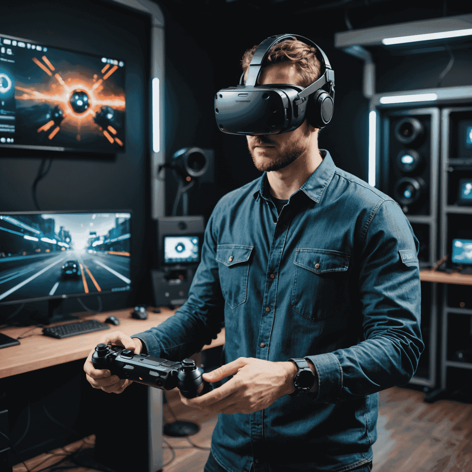 Canadian VR game developer testing an immersive game with futuristic VR headset and controllers