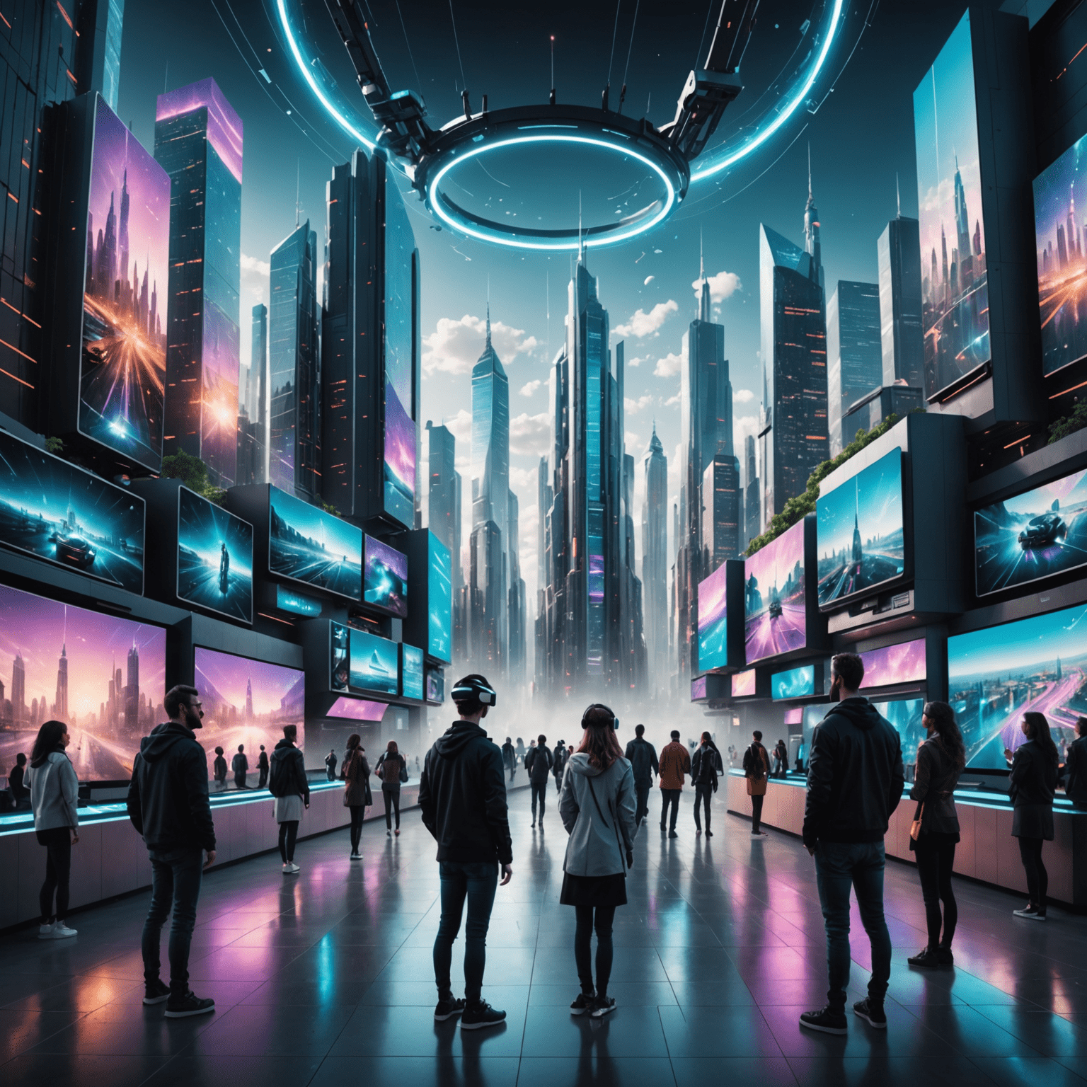 A futuristic cityscape blending real and virtual elements, with people interacting with holographic interfaces and participating in shared VR experiences, representing the future of VR and AR integration.