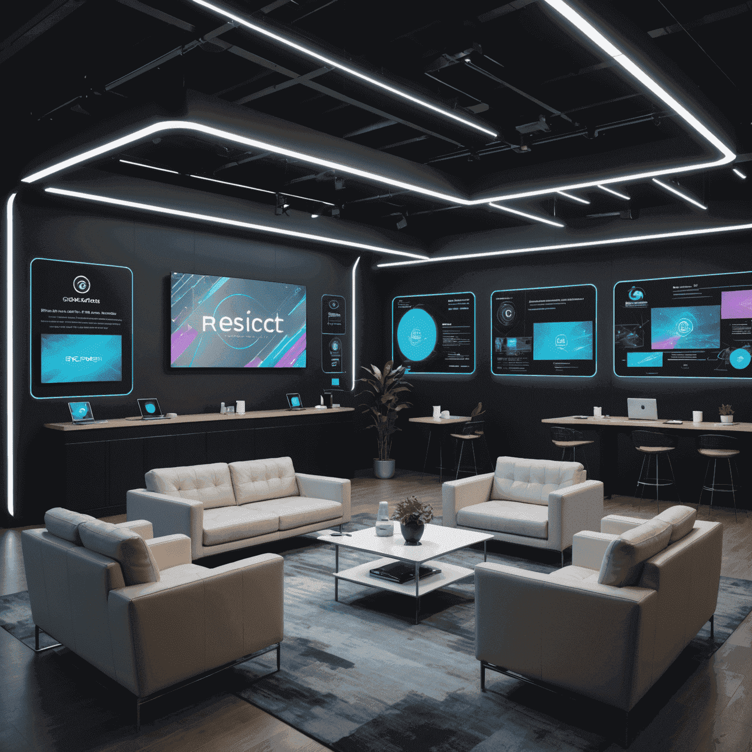 A futuristic networking lounge with holographic name tags, interactive digital business card exchange, and small groups engaged in animated discussions about AR and VR innovations.