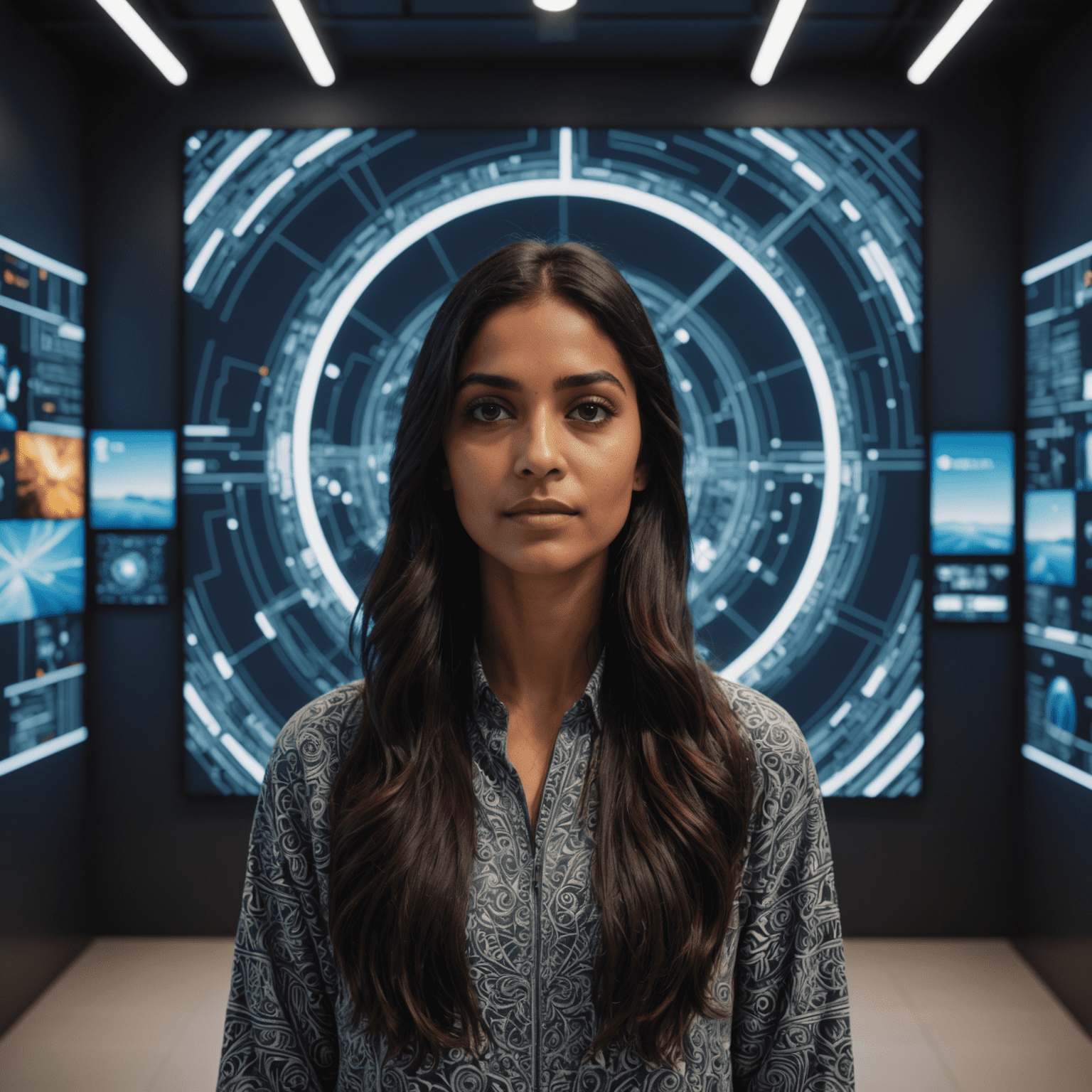 Aisha Patel, a woman with long dark hair, standing in front of a large screen displaying a complex 3D metaverse environment