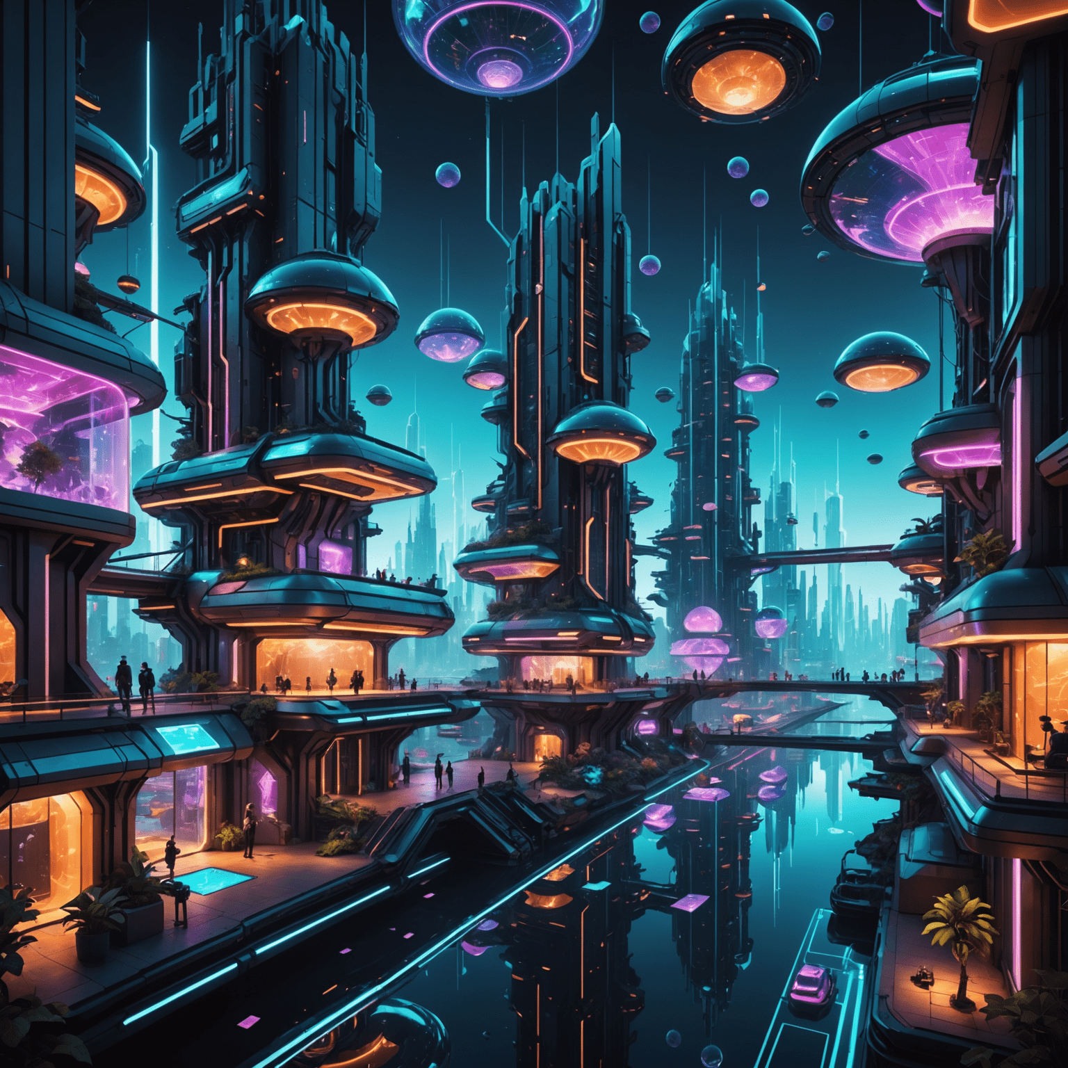 A futuristic virtual cityscape with impossible architecture, floating islands, and neon-lit pathways. Avatars of various fantastical designs navigate through the space, interacting with holographic interfaces and each other.