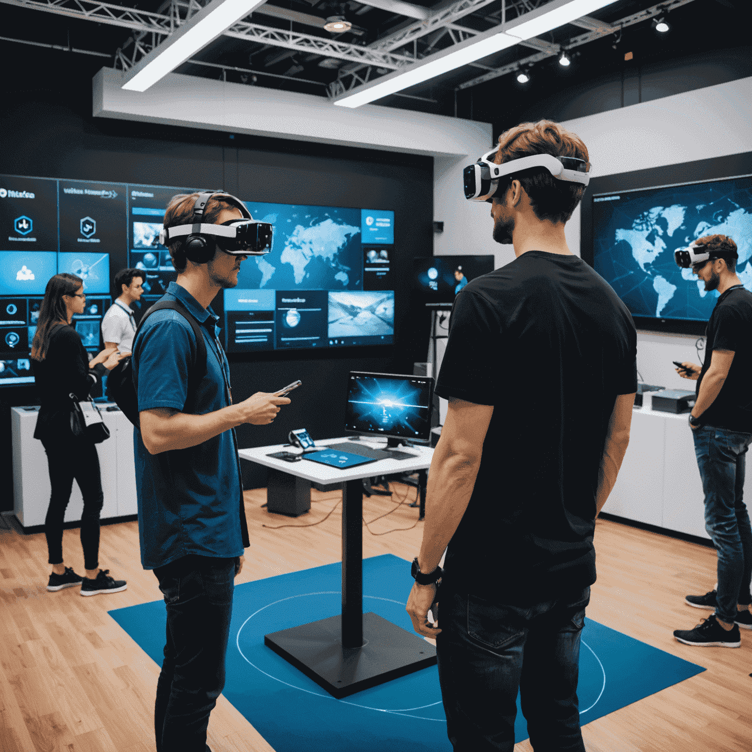 A high-tech room with multiple interactive stations showcasing various AR and VR technologies. Attendees are engaging with 3D holograms, trying on VR headsets, and collaborating on large touch screens displaying metaverse concepts.