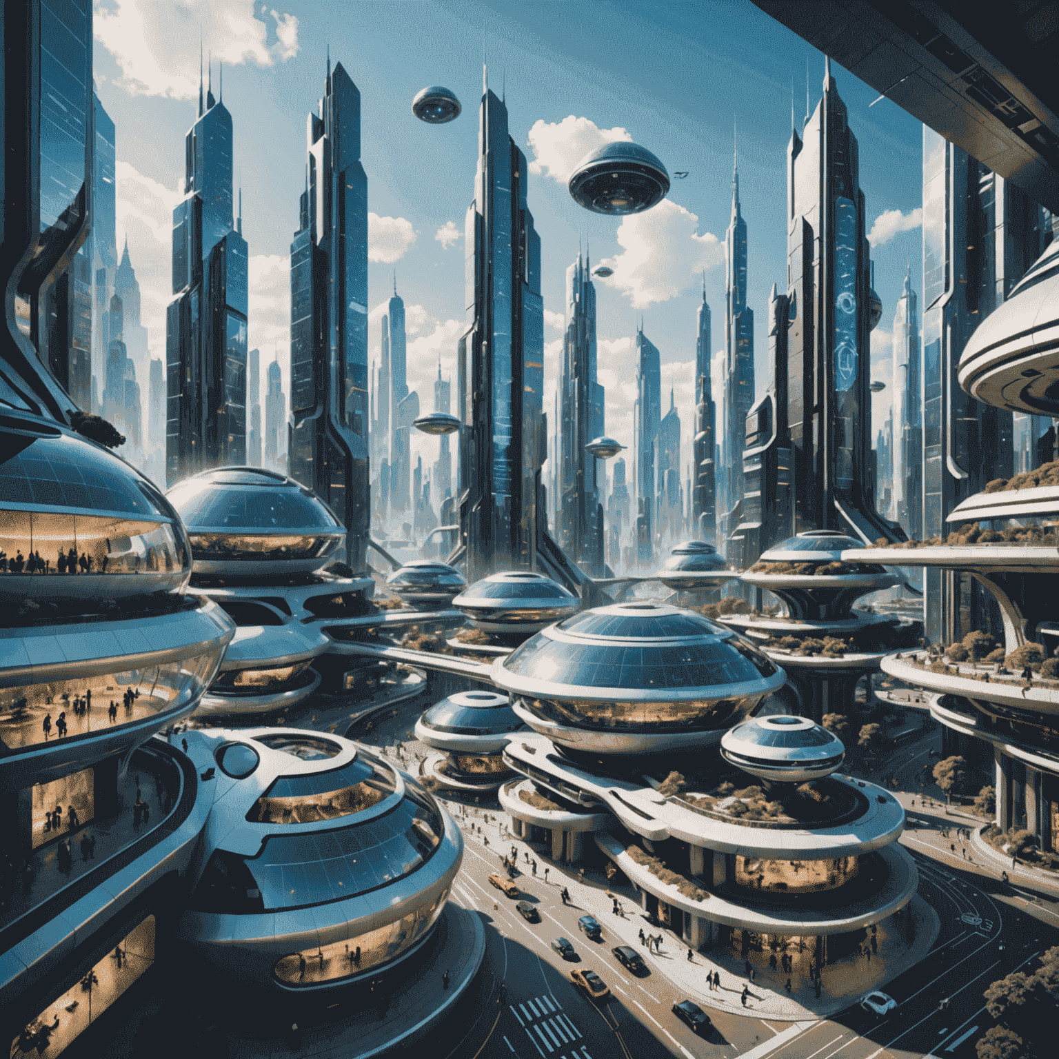 A futuristic cityscape representing a metaverse, with avatars interacting in various virtual spaces