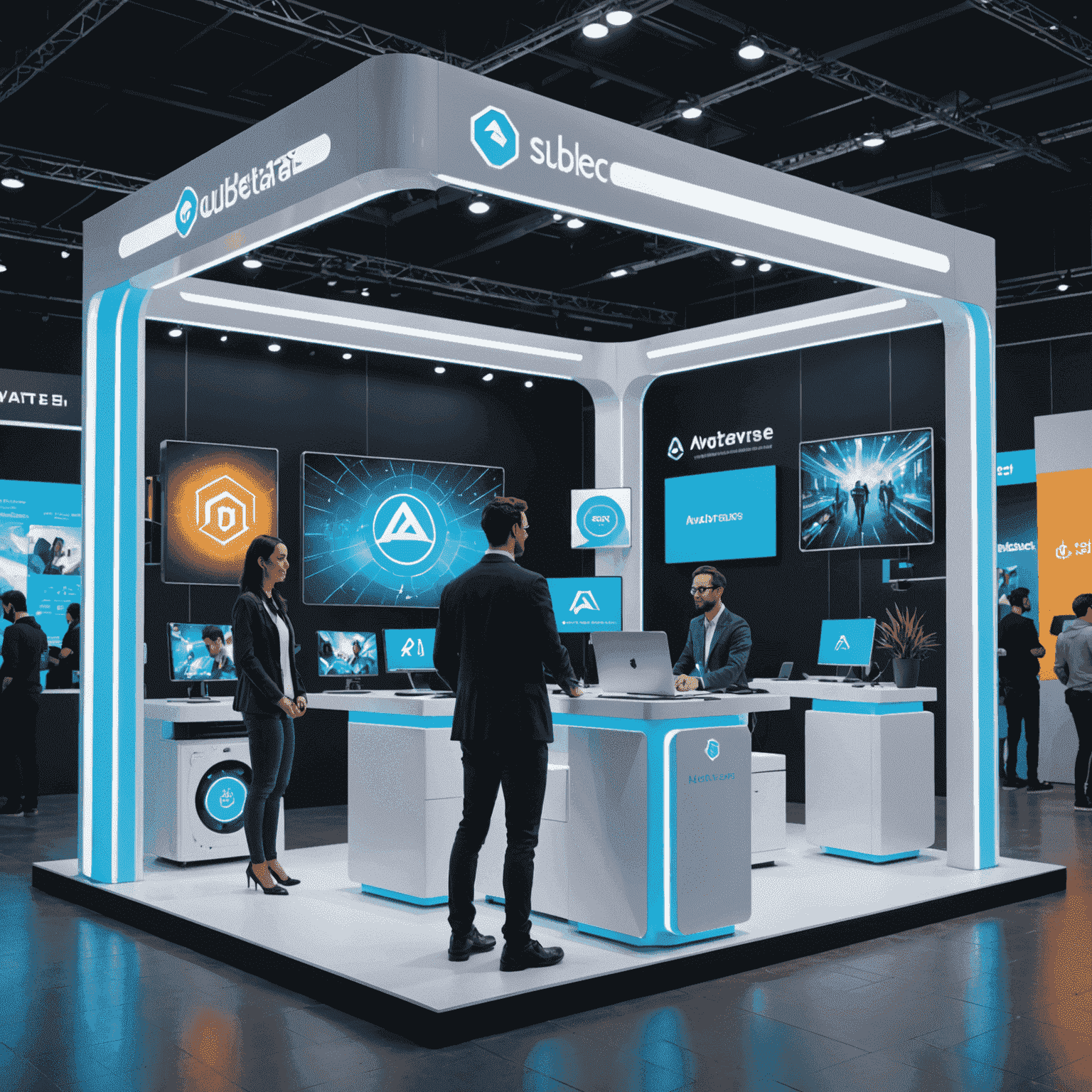 An interactive metaverse-themed booth with 3D holograms of avatars and virtual environments, representing a company focused on building metaverse infrastructure