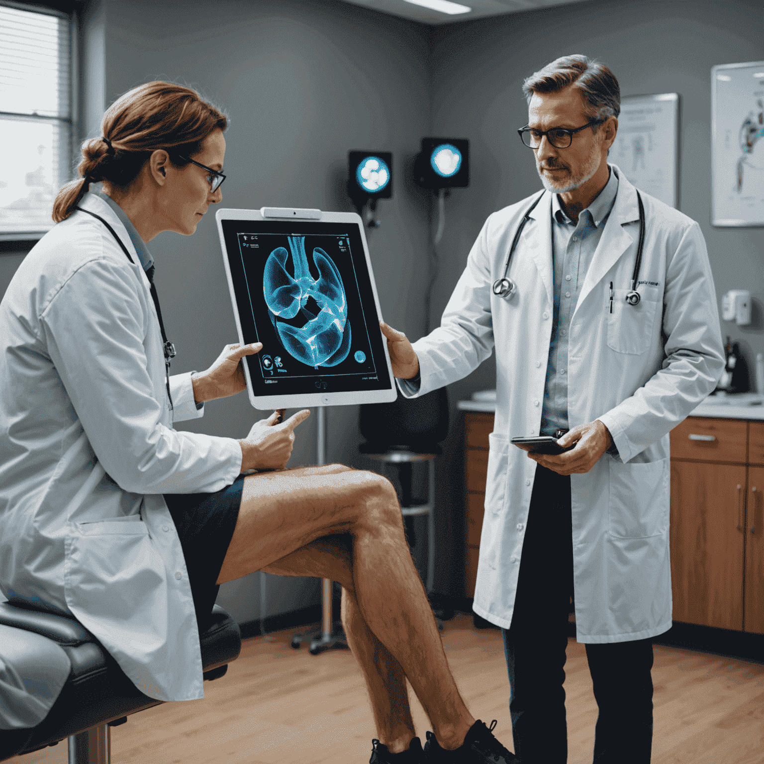Doctor explaining a knee replacement procedure using an AR hologram to a patient