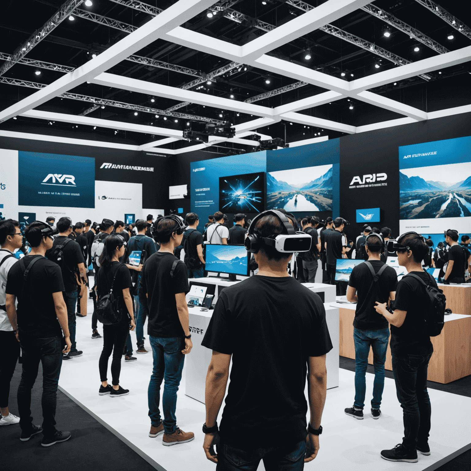 A vast, high-tech exhibition space with numerous booths showcasing the latest AR/VR hardware and software. Attendees are trying out various immersive experiences and interacting with cutting-edge Metaverse applications.