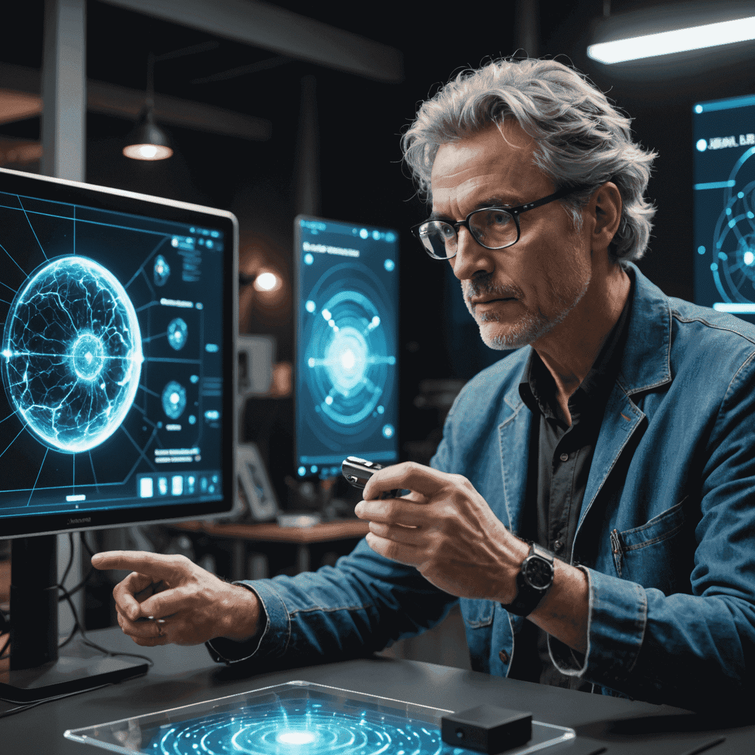 Dr. Jean-Pierre Leblanc, a man with glasses and salt-and-pepper hair, demonstrating a mixed reality device that projects holograms onto a real-world environment