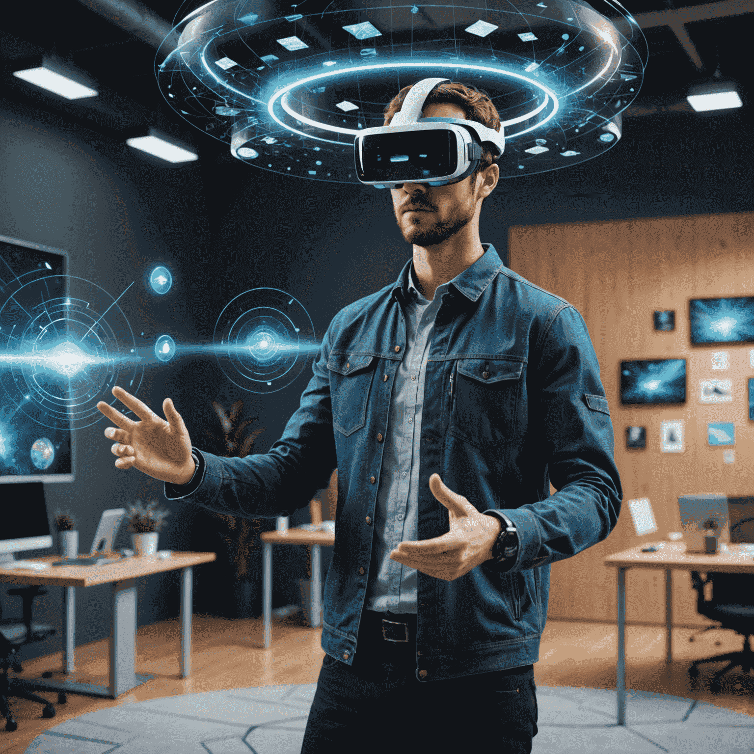 A person wearing a sleek mixed reality headset interacting with holographic UI elements floating in mid-air. The background shows a blend of real-world office space and virtual 3D objects, demonstrating seamless integration of digital and physical realms.