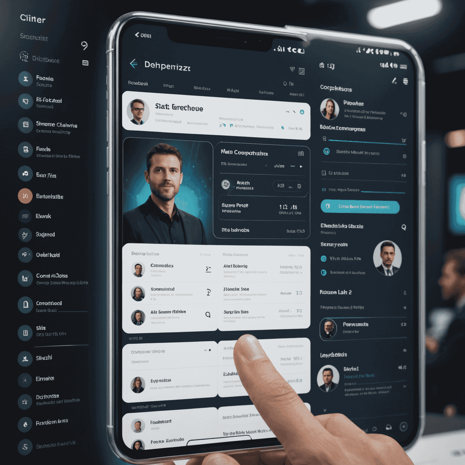 A futuristic interface showing AI-generated match suggestions between conference attendees. The display features profile cards with connecting lines, skill charts, and compatibility scores, all rendered in a sleek, holographic style.