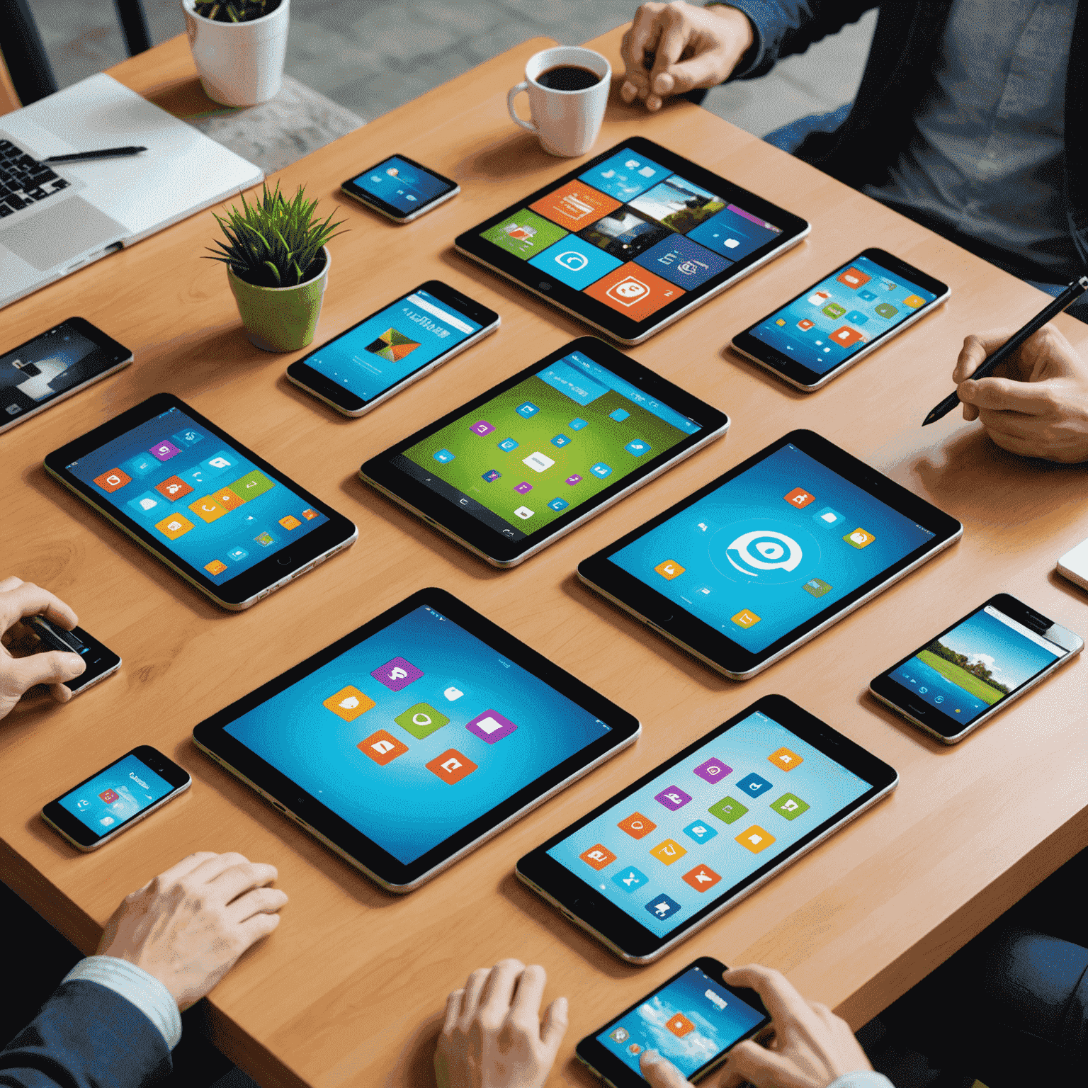 Smartphones and tablets displaying various augmented reality applications, from education to entertainment