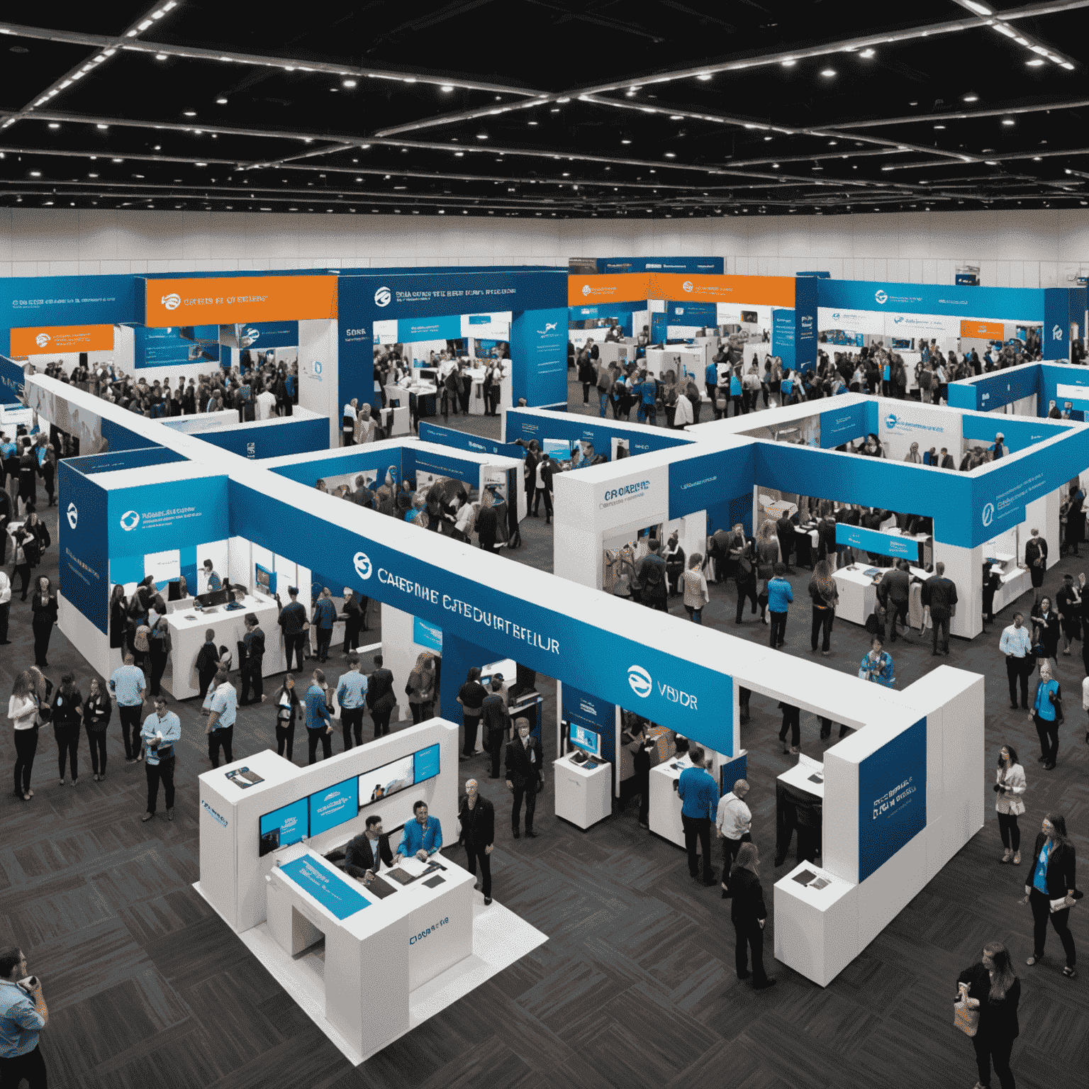 A panoramic view of the career fair floor, showcasing multiple company booths with futuristic designs, AR/VR demo stations, and crowds of enthusiastic job seekers interacting with company representatives