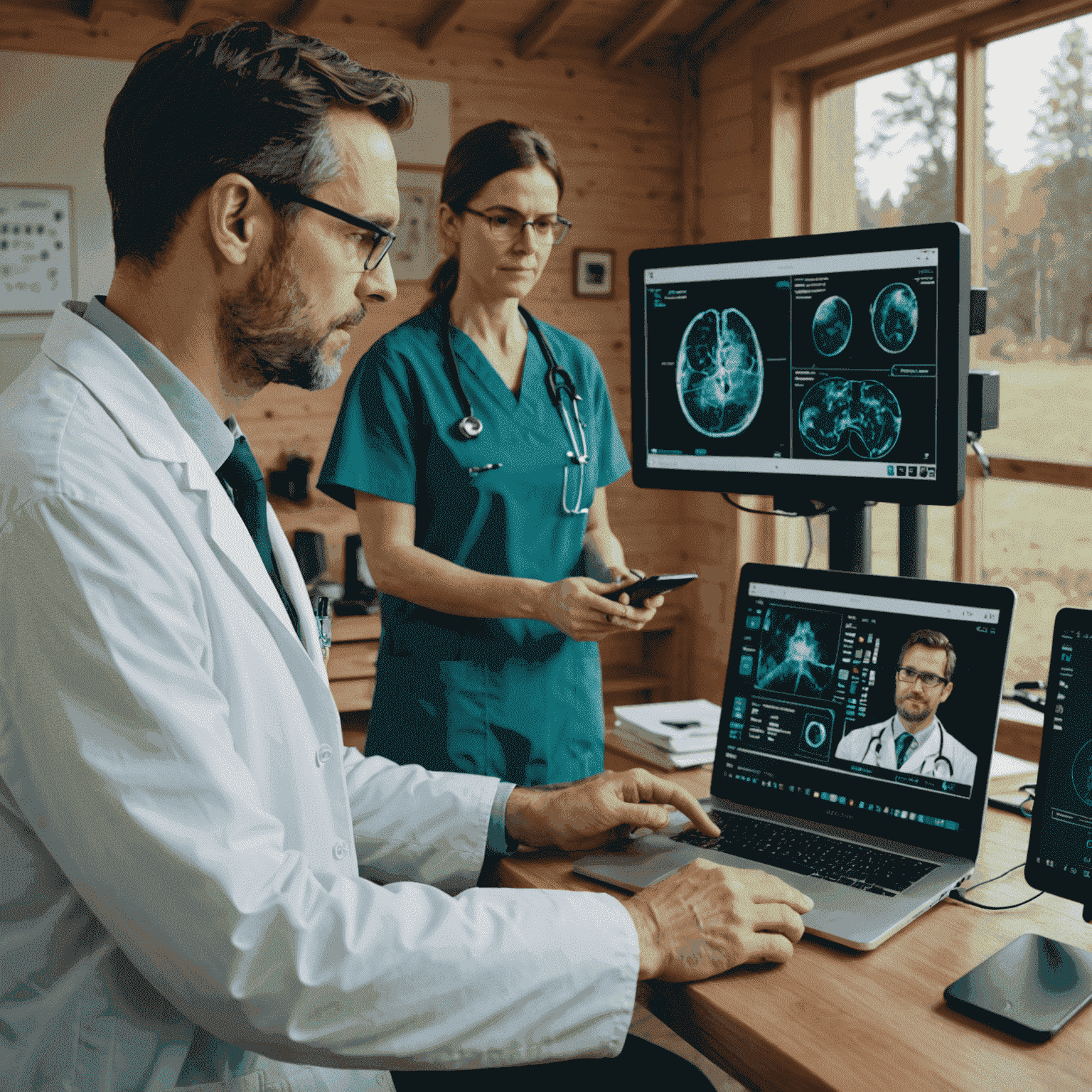 Split screen showing a remote specialist guiding a rural doctor through a procedure using AR technology