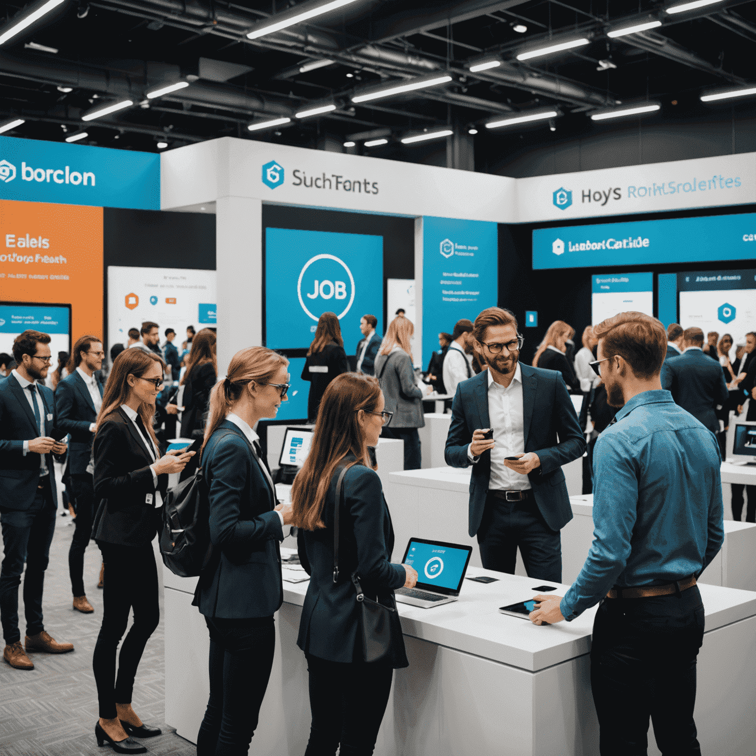 A bustling career fair with futuristic company booths, holographic job listings, and VR interview stations. Job seekers are engaging with AR resumes and participating in gamified skill assessments.