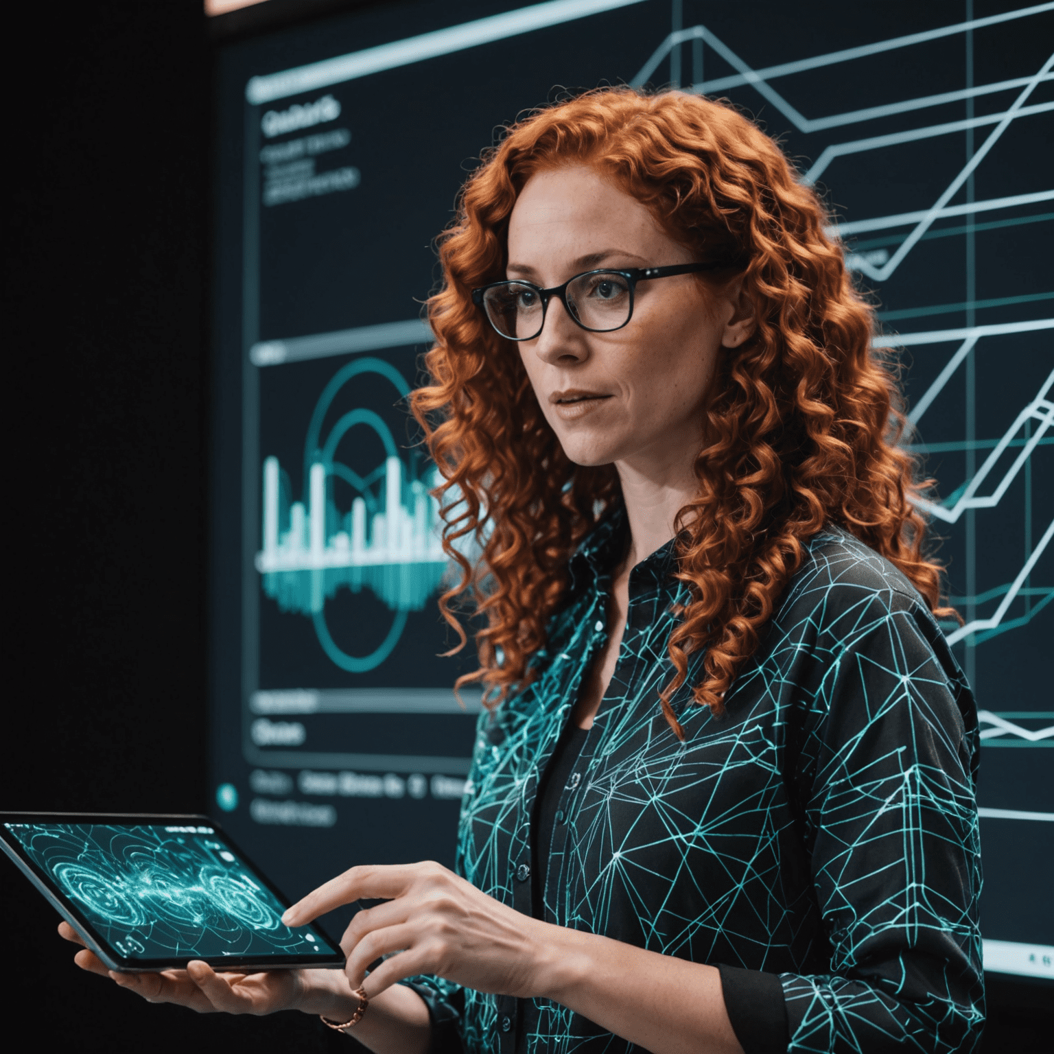 Sarah Goldstein, a woman with curly red hair, presenting a holographic display of data visualization representing AR/VR market trends in Canada