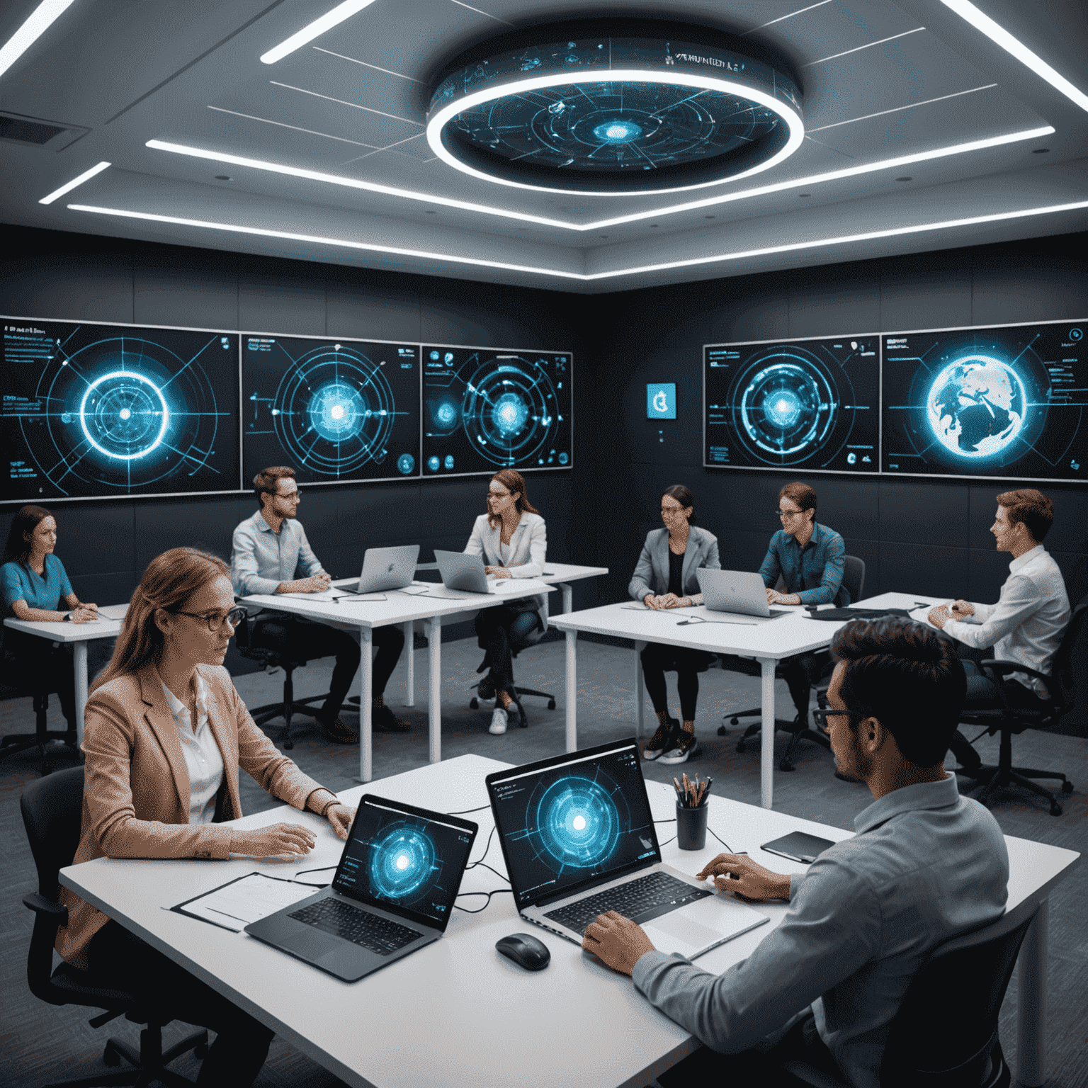 A futuristic classroom setting where participants interact with AI-powered virtual tutors. Holographic displays show complex algorithms and neural network visualizations, while virtual AI assistants materialize to answer questions and guide learners through immersive scenarios.