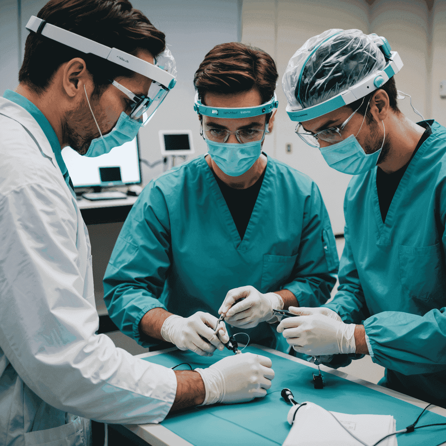 Medical students practicing virtual surgery using AR headsets and haptic gloves