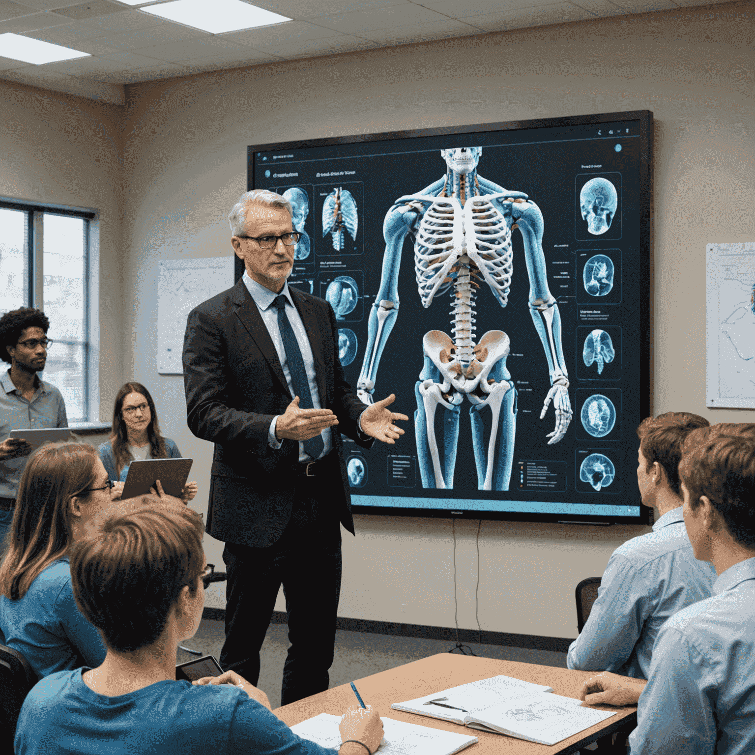 Professor using large AR display to teach anatomy to a group of students