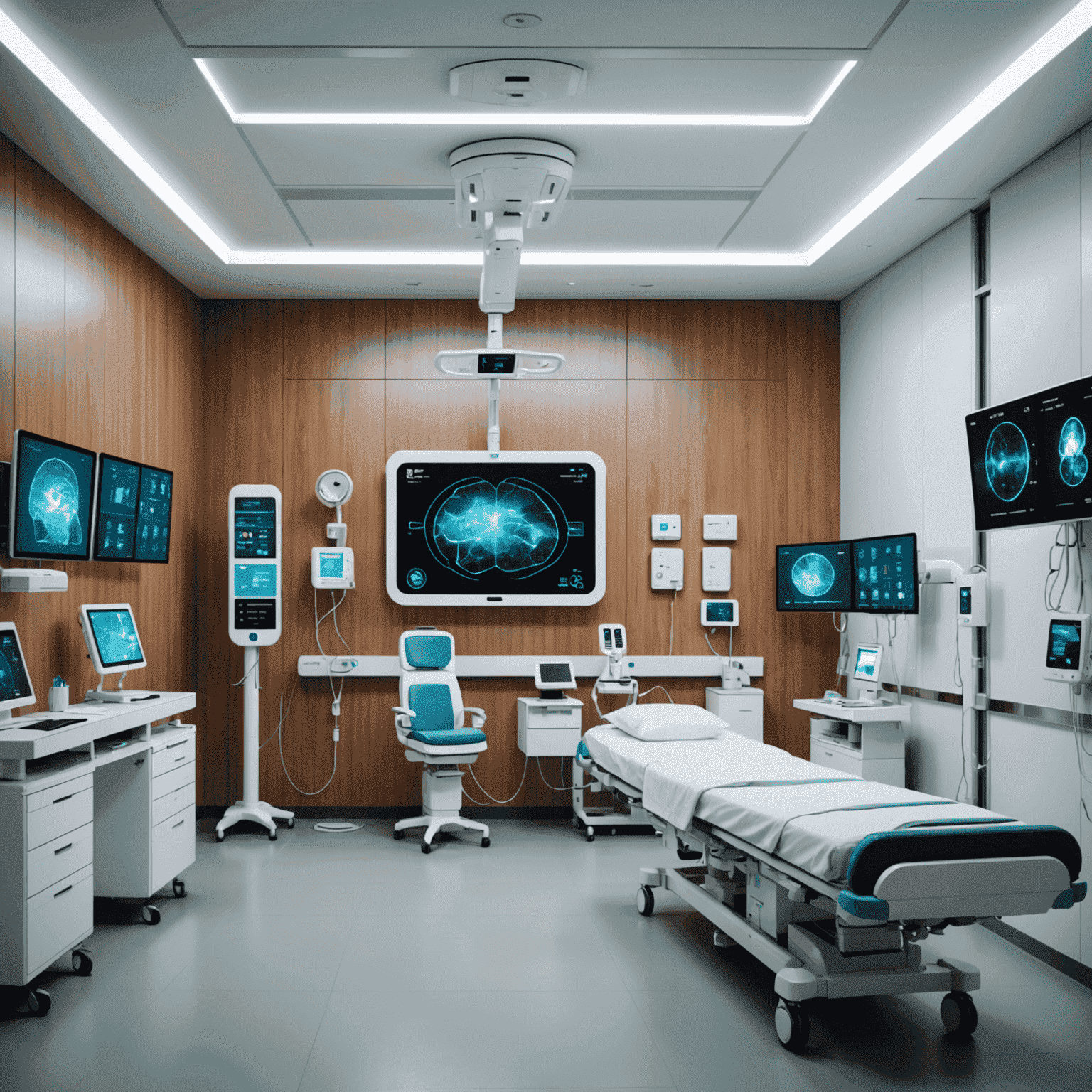 Futuristic hospital room with AR displays showing patient data and AI-generated treatment recommendations